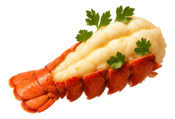 Cooked lobster tail with white meat and garnished with fresh parsley leaves.