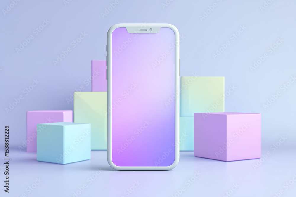 Aufkleber smartphone showcases colorful gradient display with soft pastel cubes in background. creative settin