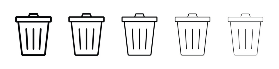 Trash icons in black stroke designs on white background
