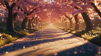 Path to Dreams Walking under cherry blossoms in full bloom petals falling gently creating a pink