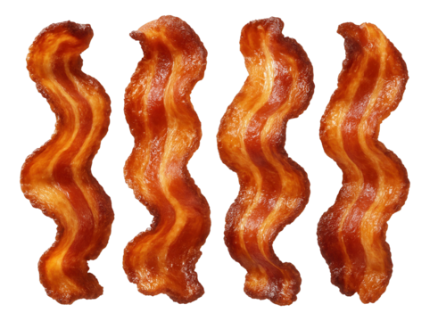 Four crispy, golden-brown strips of cooked bacon with a wavy texture and glossy surface.