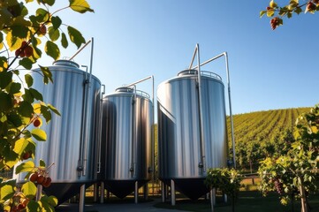 Group of shiny stainless tanks used for wine fermentation beside
