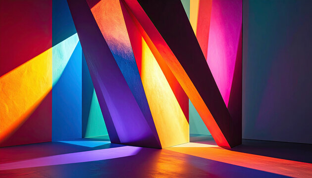 Vivid Geometric Sculpture Under Colorful Spotlights