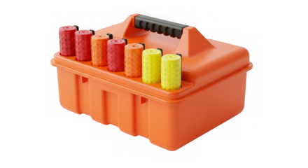 Close-up of an orange toolbox with red, orange, and yellow colored plastic cylinders inside