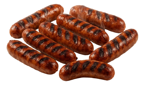 Grilled sausages with char marks, arranged closely together.