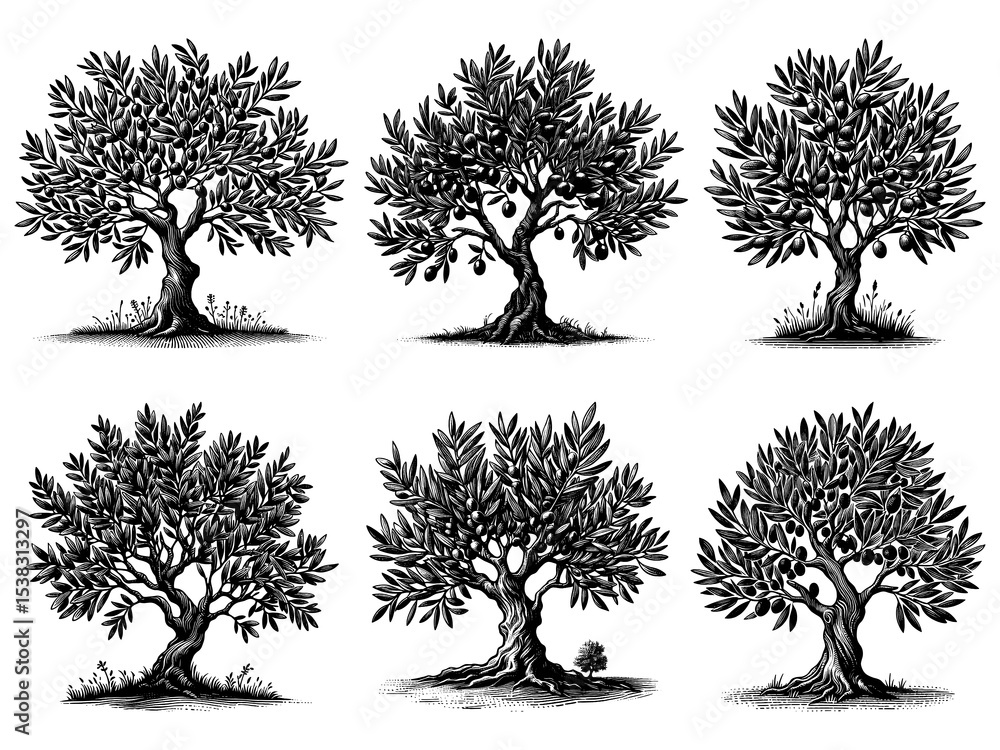 Poster olive tree set collection bundle sketch engraving generative ai png illustration. scratch board imit