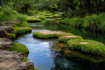 A serene clear river flows through a verdant mosscovered landscape with rocks