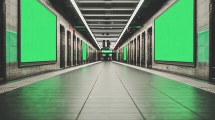 Futuristic subway with holographic ads, green screen background, seamless design, nextgen transportation