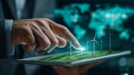 A hand interacts with a tablet displaying a green landscape and wind turbines, symbolizing sustainable energy management and global technology integration for a cleaner future.