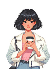 Smiling Young Woman with Coffee. A cheerful young woman with stylish short dark hair, holding a coffee cup and smiling pleasantly. Isolated on a transparent PNG background.