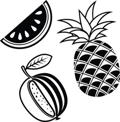Tropical Fruits Watermelon, Pineapple, and Mango Line Art Illustration
