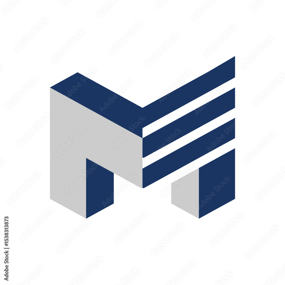 Poster the image shows a flat abstract logo design of an initial letter m in bold shape with stripes in gre