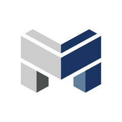 The image shows a flat abstract logo design of an initial letter M in bold shape in grey and blue color combo that looks clean and bold on a white background 