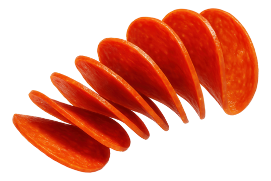Overlapping slices of vibrant red pepperoni arranged in a diagonal pattern.