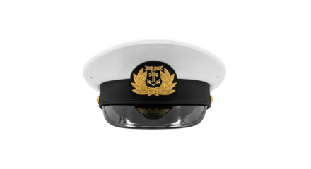 Crisp white peaked cap featuring a detailed gold nautical emblem, perfect for nautical themes.