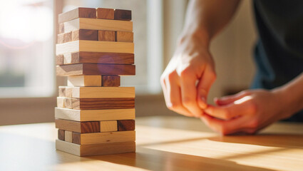 Business concepts with strategic planning and risk management in investment. Jenga, blocks, wooden, game, strategy, precision