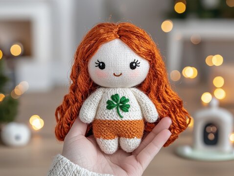 Clover doll, three-leaf design, lucky charm theme, watercolor style