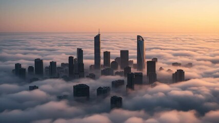 City skyline emerging from fog during sunrise over urban landscape - Powered by Adobe