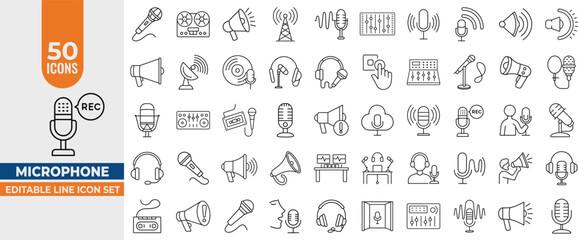 Microphone & Podcast Line Icon Set – 50 Editable Vector Icons for Recording, Sound, Studio, and Broadcast. Editable Stroke. Vector illustration.