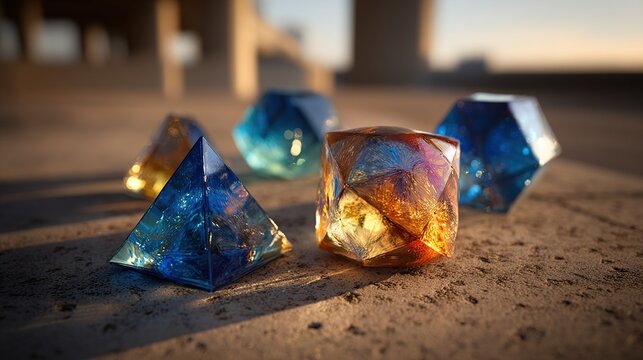 Colorful resin dice on a textured surface, bathed in sunlight