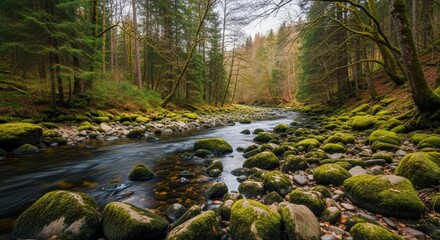 Obraz premium Serene Mossy River Flowing Through Lush Green Forest