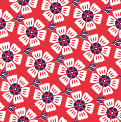 Seamless pattern dark pink background flower white, Geometric Vector, botanical illustration, fabric textile, wrapping paper, navy blue, white