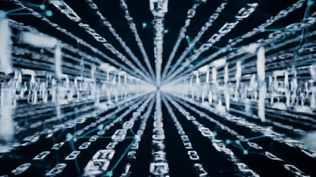 Futuristic Digital Data Stream Flowing Through Virtual Tunnel with Binary Code in Motion