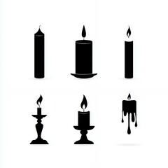 A set of six black candles, each with a different shape and size. The candles are arranged in a row