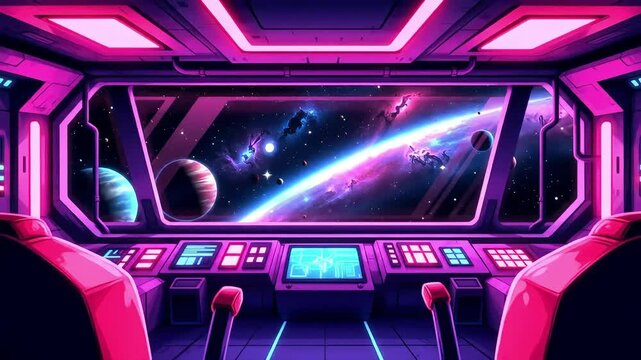 Cute Pink Red Space Station Interior with Planet View &ndash; Neon Manga Style OBS Overlay 4K Loop Animation