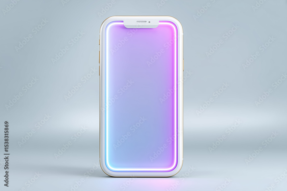 Poster smartphone features colorful gradient screen effects in soft ambient light setting. minimalist desig