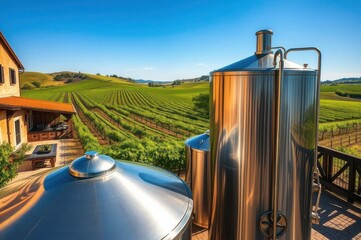 Modern steel wine tanks in open air near winery buildings, lush
