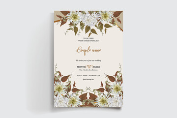 WEDDING INVITATION FRAME WITH FLOWER DECORATIONS AND FRESH LEAVES