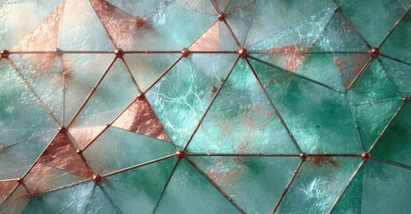 Abstract geometric pattern. Teal, copper tones create fractured mosaic effect. Lines connect points forming triangular network.