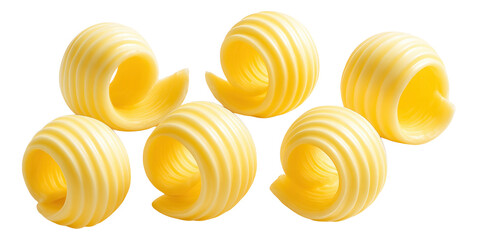 Six decorative curls of butter with smooth, ribbed patterns.