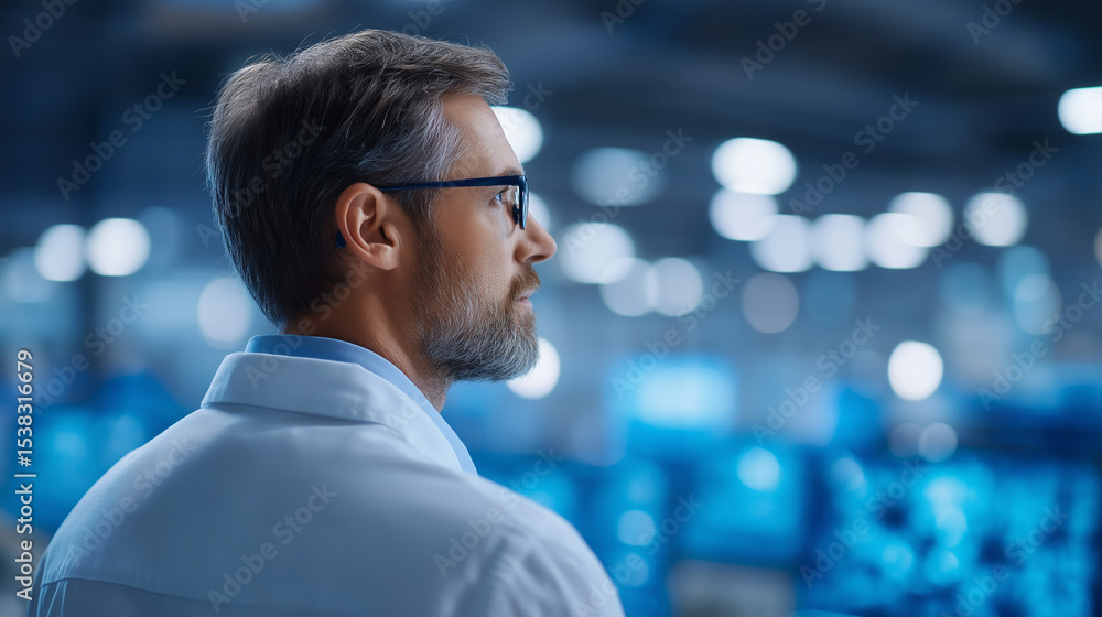 Poster engineer managing ai smart machines in an innovative factory