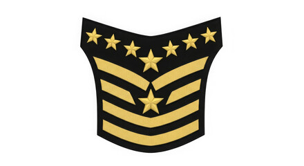 Embroidered patch displays gold stripes and stars on black fabric, denoting rank or achievement.