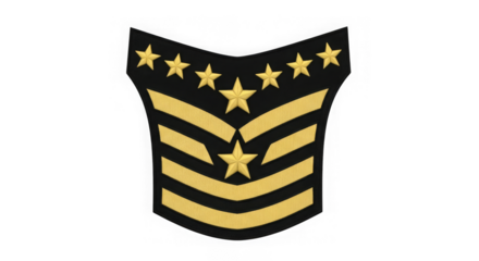Embroidered patch displays gold stripes and stars on black fabric, denoting rank or achievement.