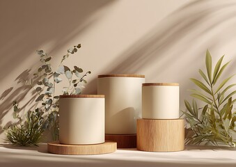 Three minimalist beige cylindrical pedestals with wooden edges against a light cream-colored wall, with shadows from plants. Vector illustration, 3D rendering.