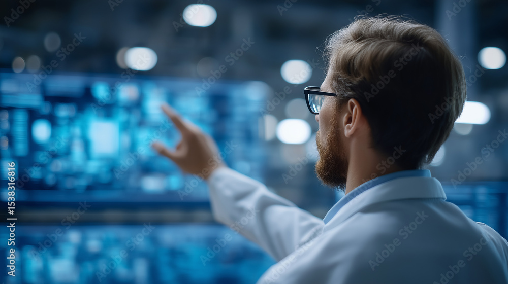 Poster engineer managing ai smart machines in an advanced factory