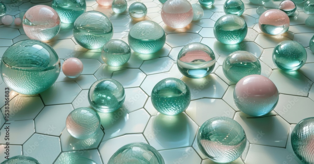 Poster Glass spheres rest upon hexagonal tiles. Soft lighting creates reflections, highlighting textures, patterns, depth. Minimalist composition.