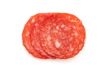 Dried salami sausage isolated on white background. Smoked sausage sliced.