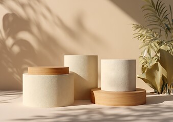 Three minimalist beige cylindrical pedestals with wooden edges against a light cream-colored wall, with shadows from plants. Vector illustration, 3D rendering.