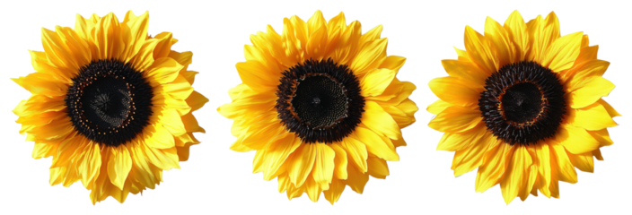 PNG Three vibrant sunflowers with bright yellow petals element set on transparent background.