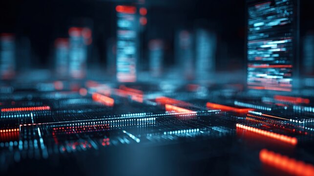Abstract digital cityscape, illuminated by glowing red and blue lines and code