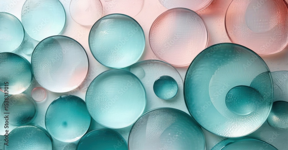 Poster Abstract macro photo shows colorful liquid droplets. Teal, pink hues create interesting visual texture. Bubbles overlap, forming patterns.