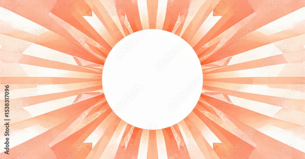 Poster abstract watercolor sunburst. radial lines emanate from bright center. peach tones dominate composit