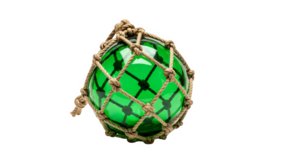 Green glass fishing float is encased in a knotted brown rope net, isolated against a black void.