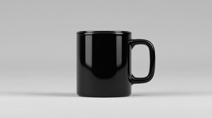 A sleek black mug with a glossy finish, ideal for showcasing beverages, personalized designs, or branding, Suitable for cafes, marketing materials, or product displays,