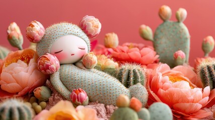 Cactus flower doll, vibrant desert blooms with soft watercolor gradients, watercolor style