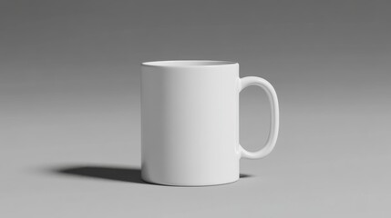 A simple white coffee mug is positioned on a neutral background, ideal for showcasing beverage branding or personalized designs, making it suitable for promotional materials or product photography,